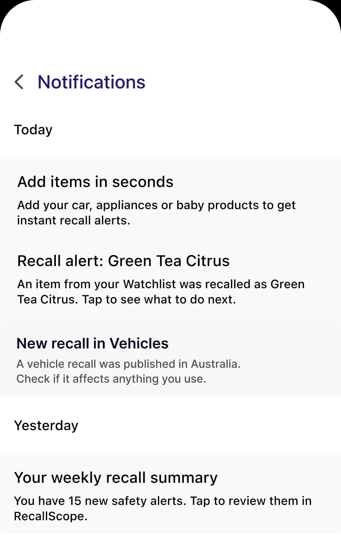 RecallScope alerts screen