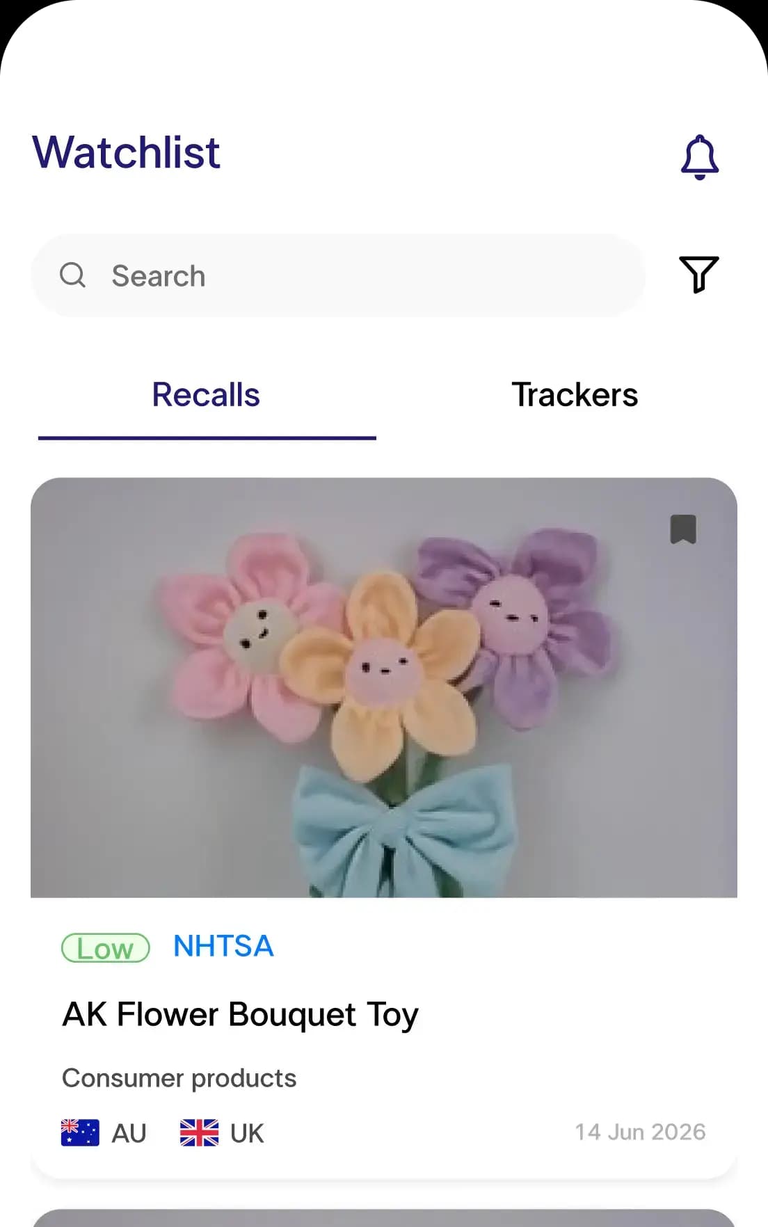 RecallScope watchlist screen