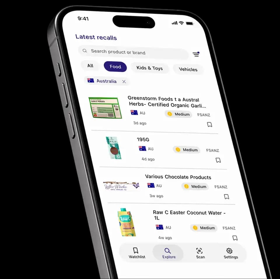 RecallScope mobile app showing latest recalls